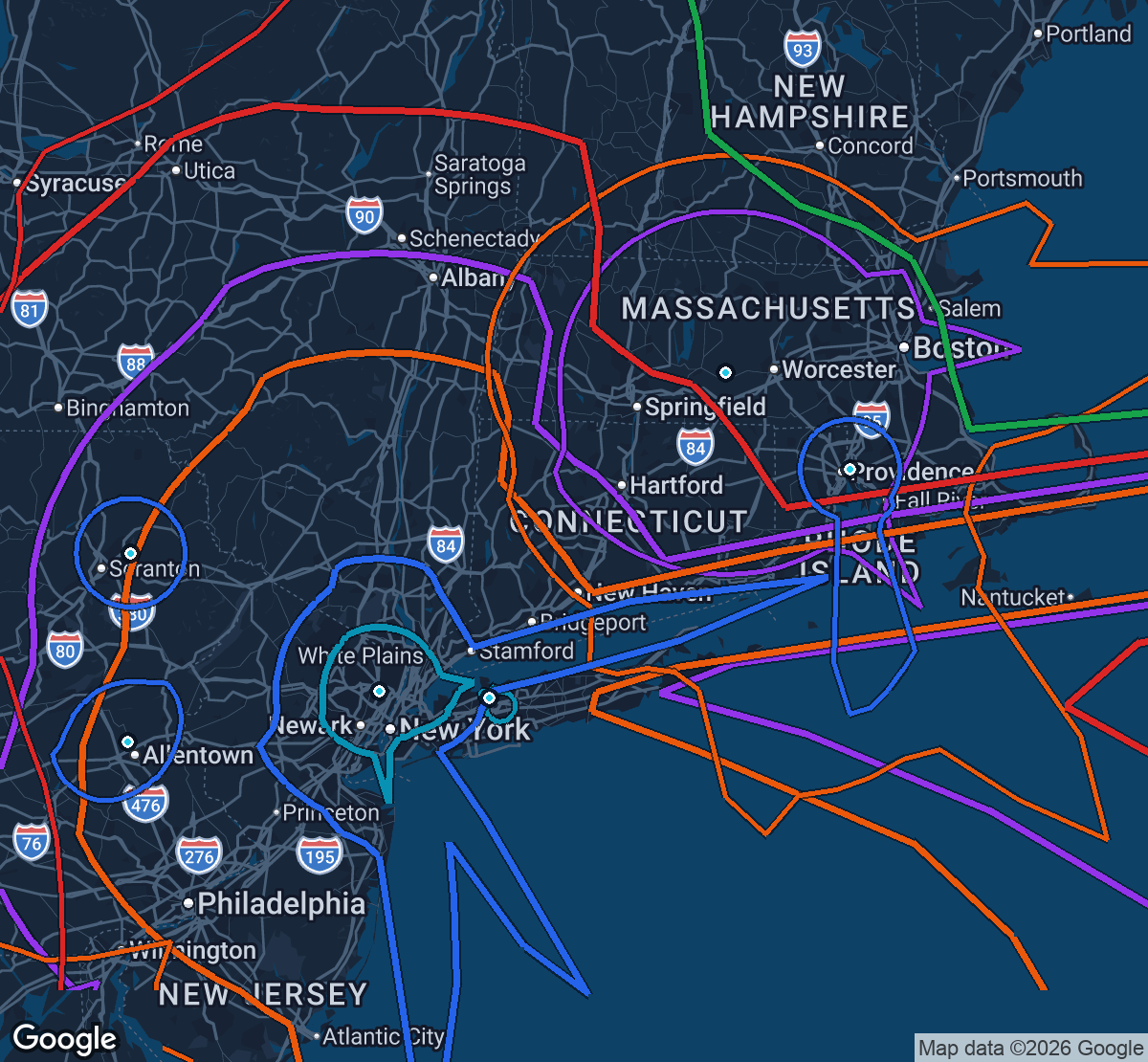 AM daytime contour study showing overlapping perimeter contours and station sites